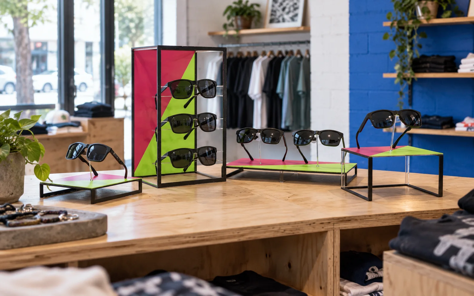 Expositor de sobremesa integrado en una boutique de moda