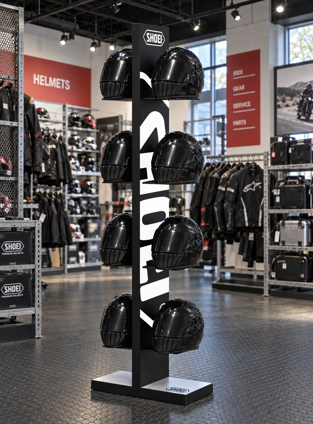 Display de casco y equipación para tienda de motociclismo Shoei