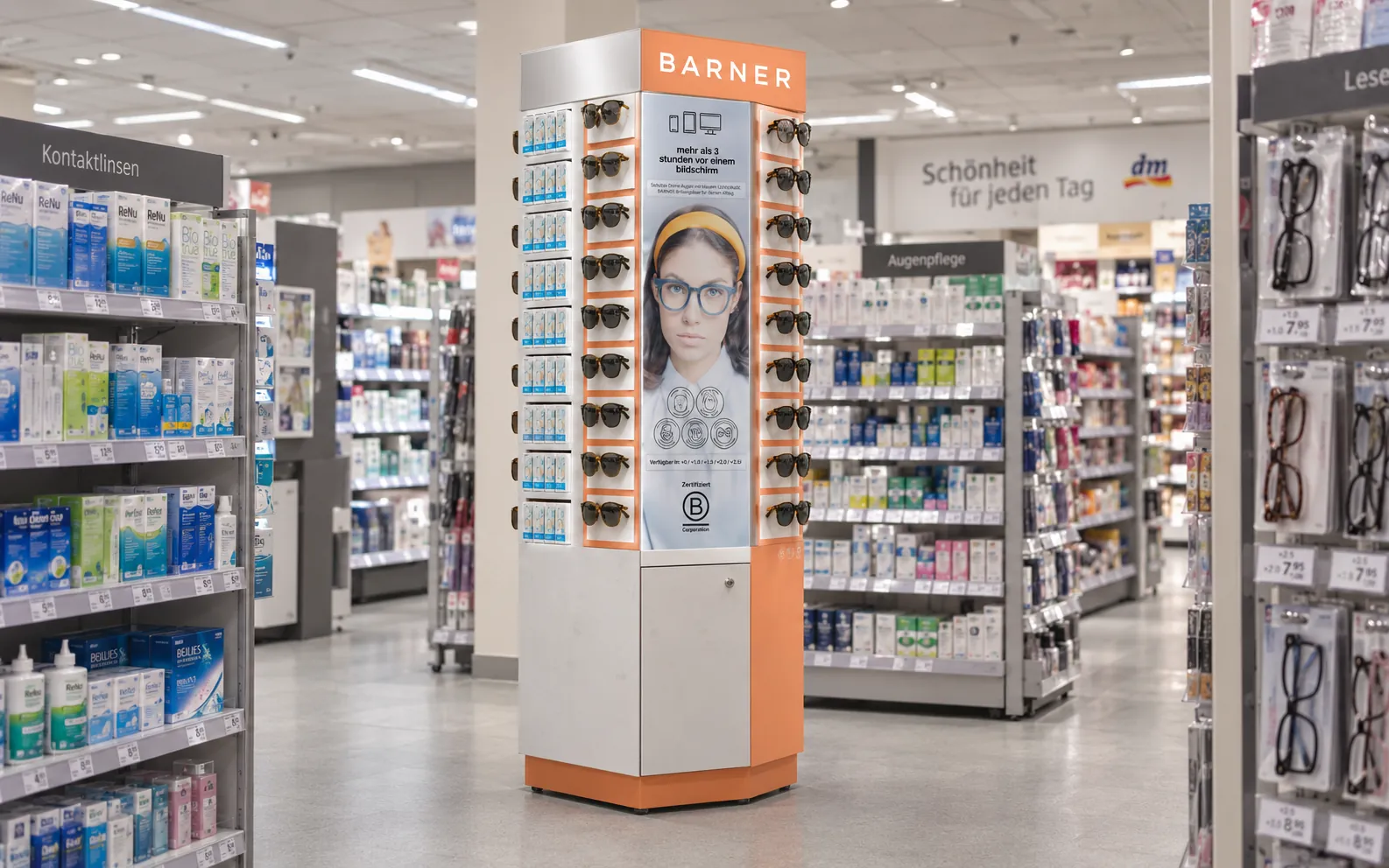 Expositor de gafas de sol Barner en el lineal de una farmacia