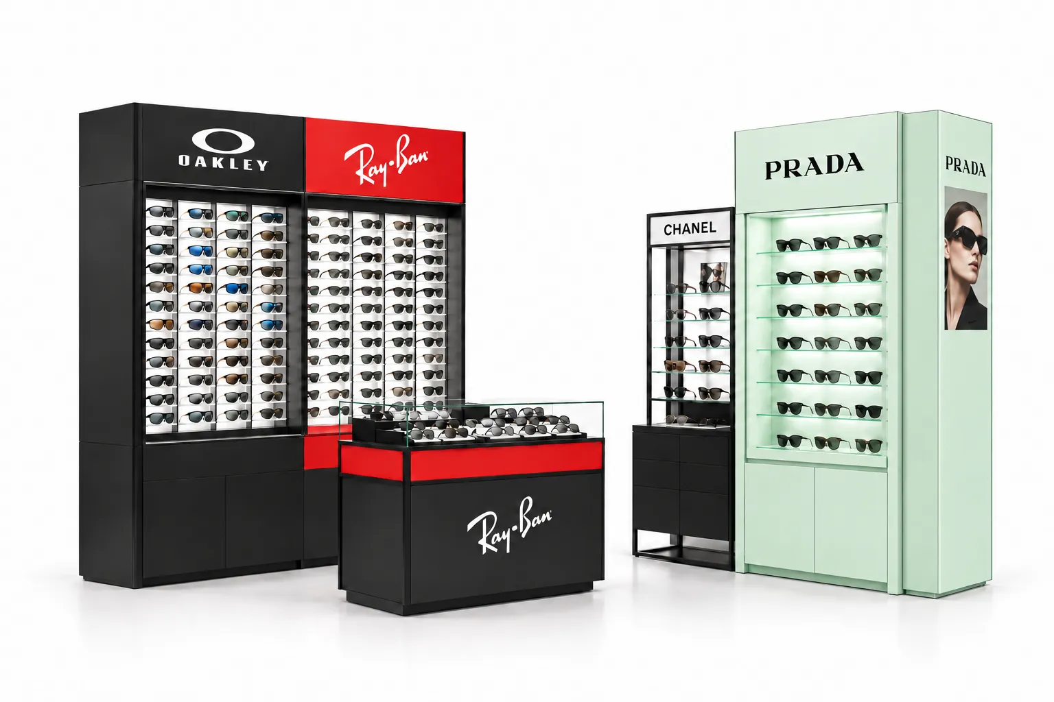 Muebles de pared e isla para una óptica multimarca con Oakley, Ray-Ban y Prada