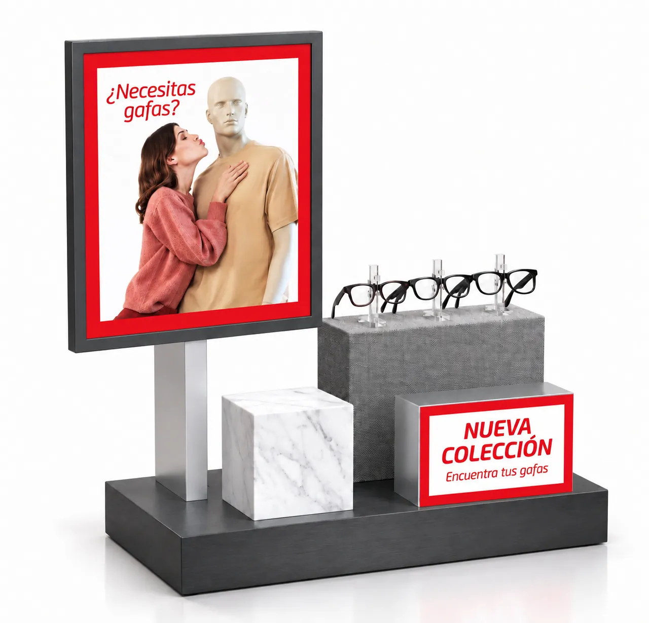 Expositor de sobremesa para gafas con cartelería de campaña