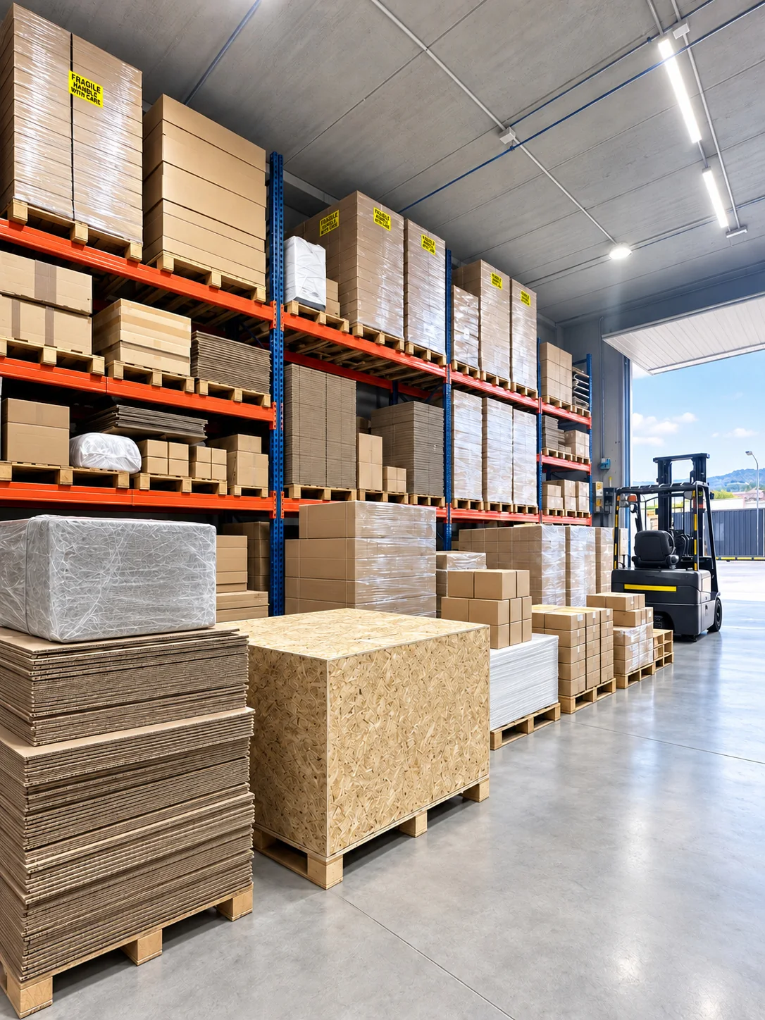 Almacén de materiales y producto embalado, listo para expedición