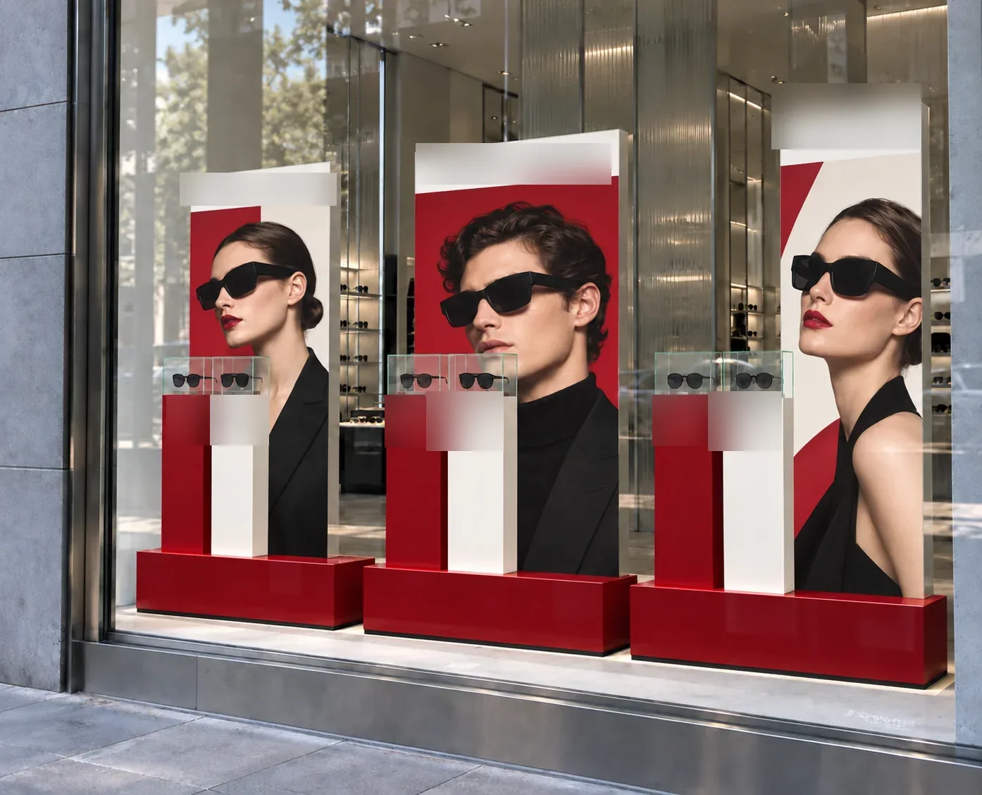 Escaparates de campaña en rojo y blanco para el lanzamiento de una colección de gafas de sol, con gráfica integrada