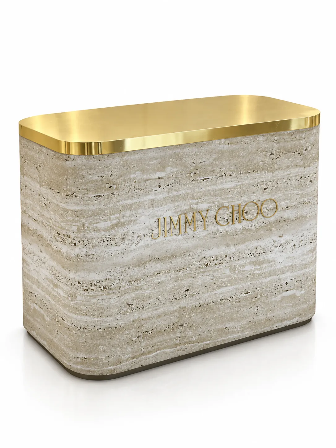 Mueble expositor de Jimmy Choo en mármol travertino con remate de latón dorado
