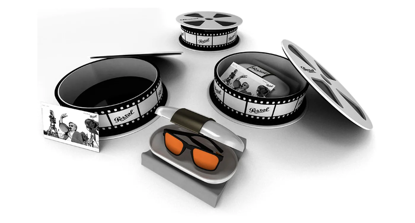 Display promocional circular para Persol con estuche integrado